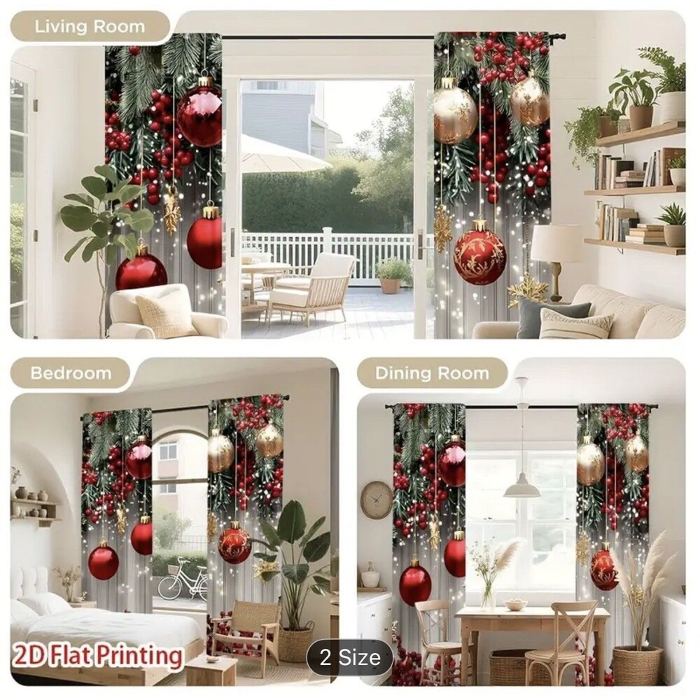 Christmas Ball Holiday Printed Curtains 2 Pieces Xmas Print Curtains Room Decor